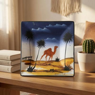 Hand-Painted Tunisian Ceramic Decorative Plaque - Oasis Camel & Palm